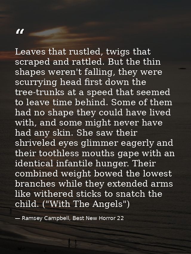 Leaves that rustled, twigs that scraped and rattled. But the thin shapes weren't falling, they were scurrying head first — Ramsey Campbell, Best New Horror 22