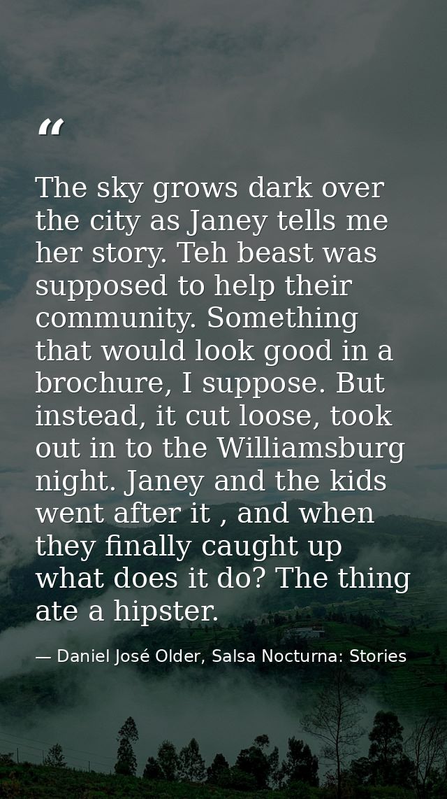 The sky grows dark over the city as Janey tells me her story. Teh beast was supposed to help their community. Something  — Daniel José Older, Salsa Nocturna: Stories