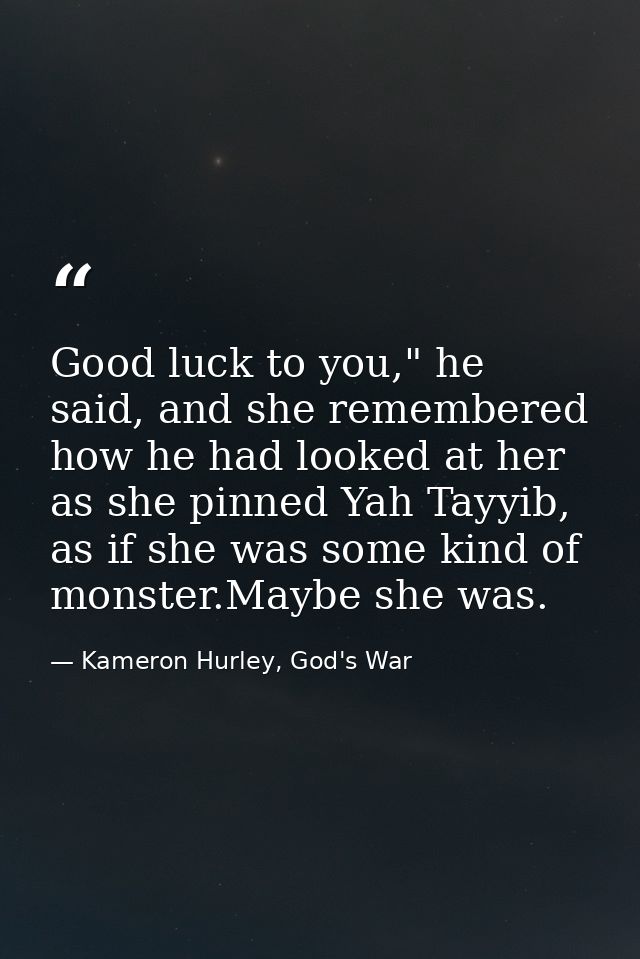 Good luck to you," he said, and she remembered how he had looked at her as she pinned Yah Tayyib, as if she was some kin — Kameron Hurley, God's War