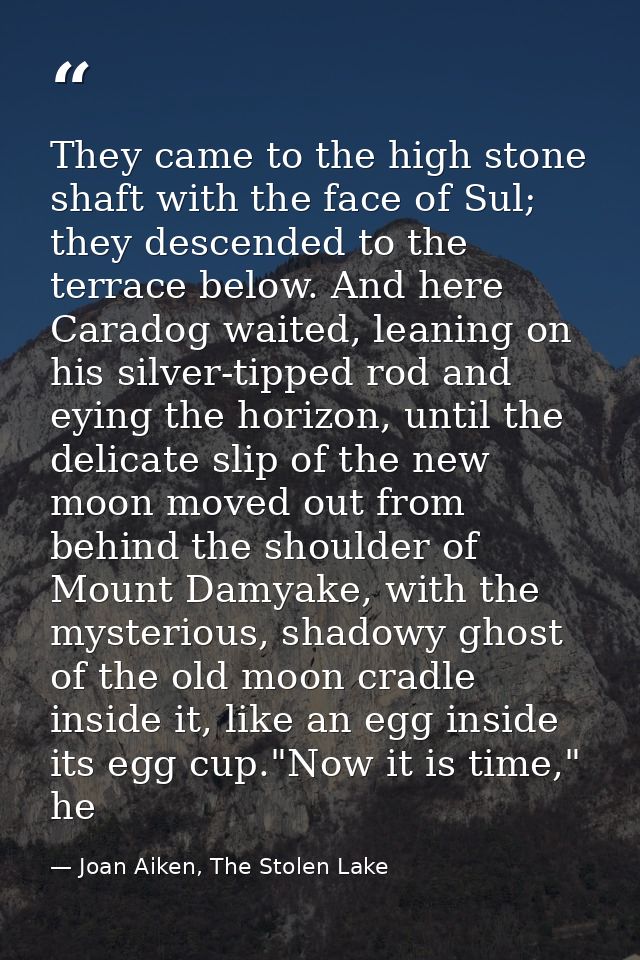 They came to the high stone shaft with the face of Sul; they descended to the terrace below. And here Caradog waited, le — Joan Aiken, The Stolen Lake