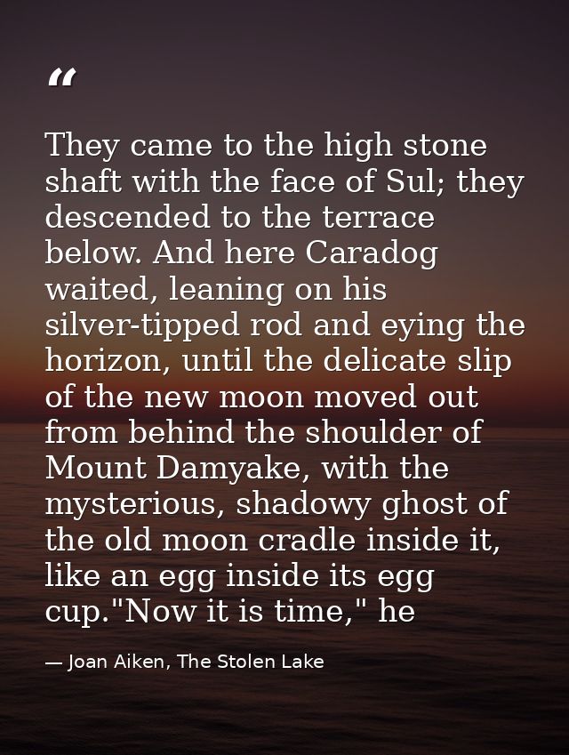 They came to the high stone shaft with the face of Sul; they descended to the terrace below. And here Caradog waited, le — Joan Aiken, The Stolen Lake