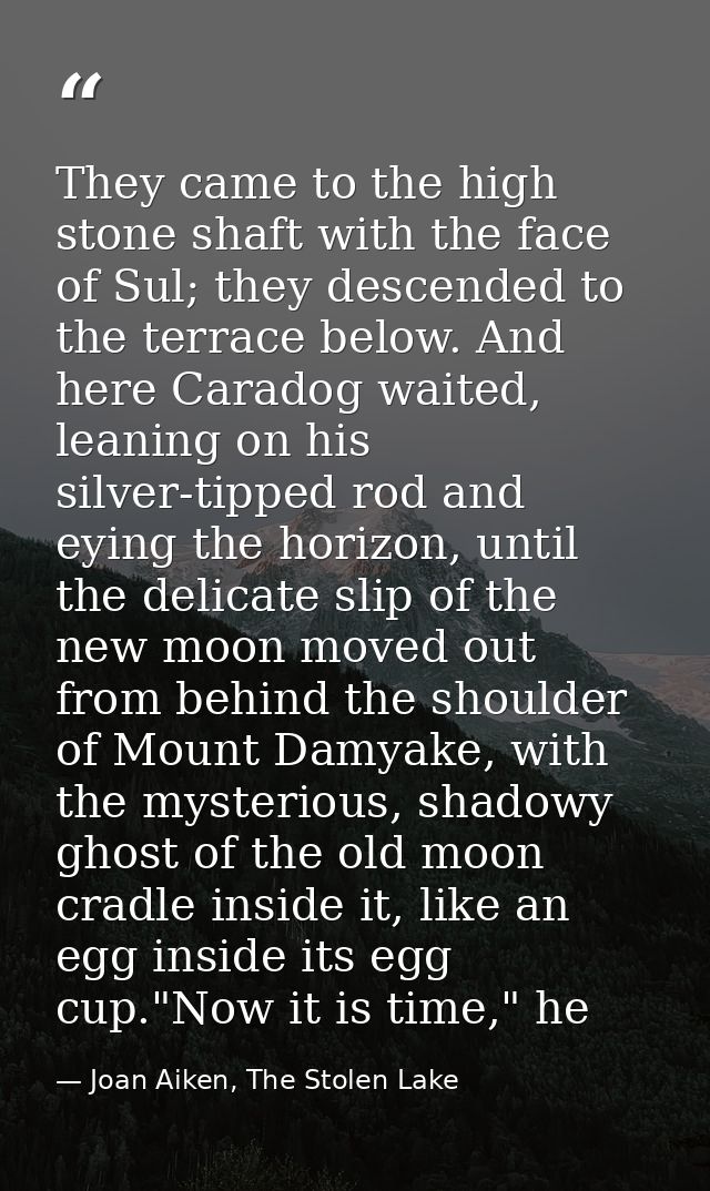 They came to the high stone shaft with the face of Sul; they descended to the terrace below. And here Caradog waited, le — Joan Aiken, The Stolen Lake