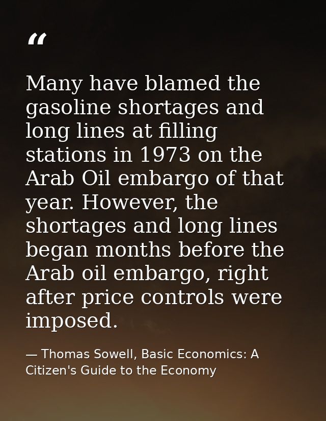 Many have blamed the gasoline shortages and long lines at filling stations in 1973 on the Arab Oil embargo of that year. — Thomas Sowell, Basic Economics: A Citizen's Guide to the Economy
