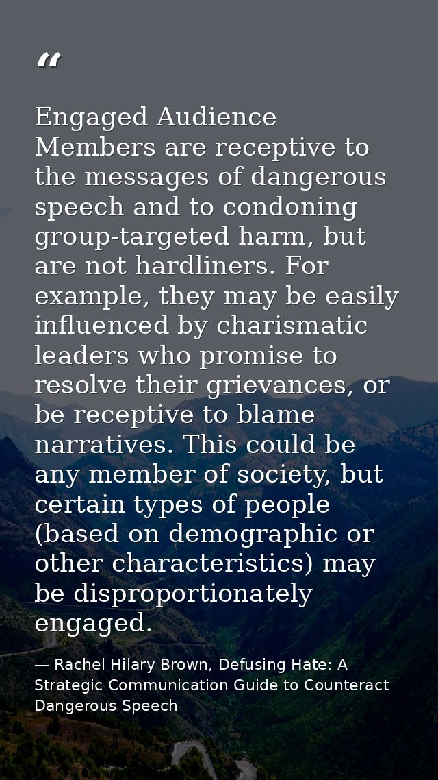 Engaged Audience Members are receptive to the messages of dangerous speech and to condoning group-targeted harm, but are — Rachel Hilary Brown, Defusing Hate: A Strategic Communication Guide to Counteract Dangerous Speech