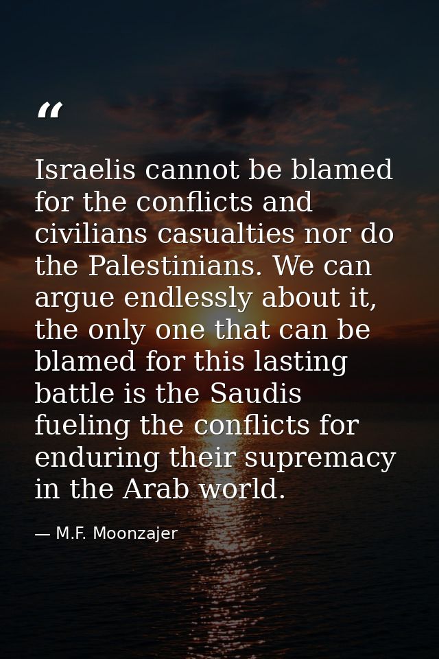 Israelis cannot be blamed for the conflicts and civilians casualties nor do the Palestinians. We can argue endlessly abo — M.F. Moonzajer