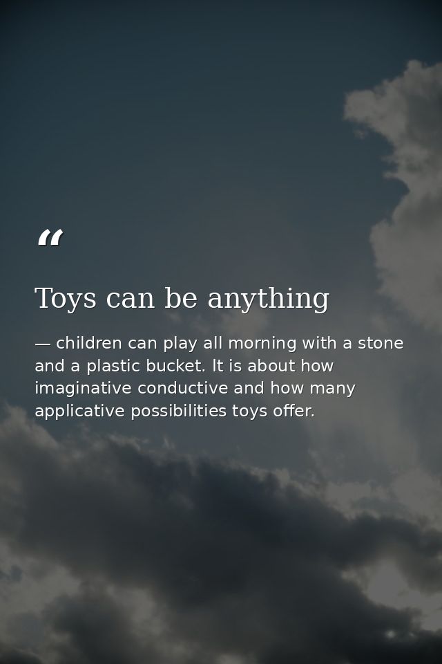 Toys can be anything — children can play all morning with a stone and a plastic bucket. It is about how imaginative conductive and how many applicative possibilities toys offer.