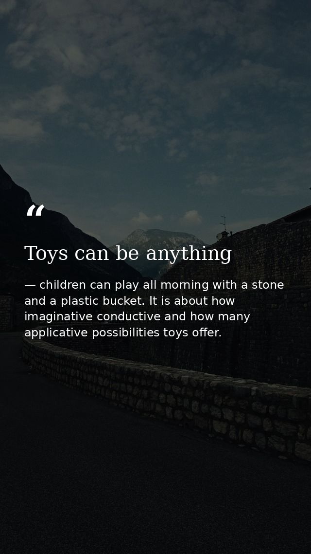 Toys can be anything — children can play all morning with a stone and a plastic bucket. It is about how imaginative conductive and how many applicative possibilities toys offer.