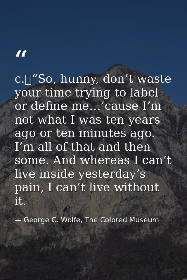 c.	“So, hunny, don’t waste your time trying to label or define me…’cause I’m not what I was ten years ago or ten minutes — George C. Wolfe, The Colored Museum