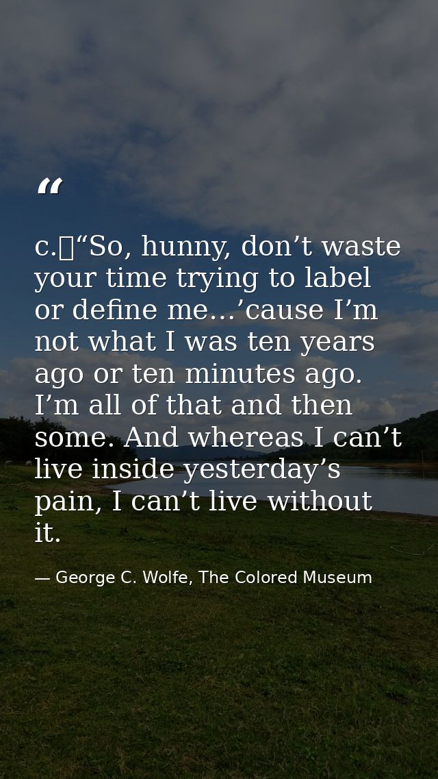 c.	“So, hunny, don’t waste your time trying to label or define me…’cause I’m not what I was ten years ago or ten minutes — George C. Wolfe, The Colored Museum