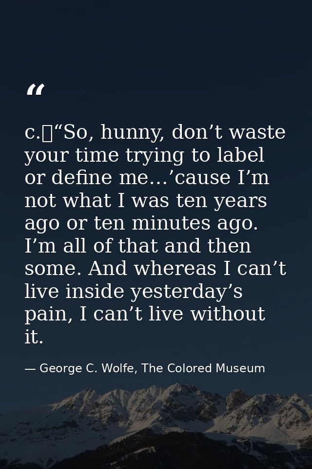 c.	“So, hunny, don’t waste your time trying to label or define me…’cause I’m not what I was ten years ago or ten minutes — George C. Wolfe, The Colored Museum