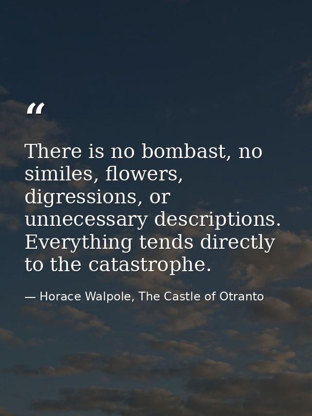 There is no bombast, no similes, flowers, digressions, or unnecessary descriptions. Everything tends directly to the cat — Horace Walpole, The Castle of Otranto