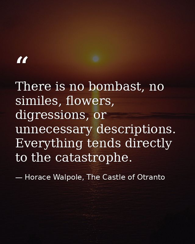There is no bombast, no similes, flowers, digressions, or unnecessary descriptions. Everything tends directly to the cat — Horace Walpole, The Castle of Otranto