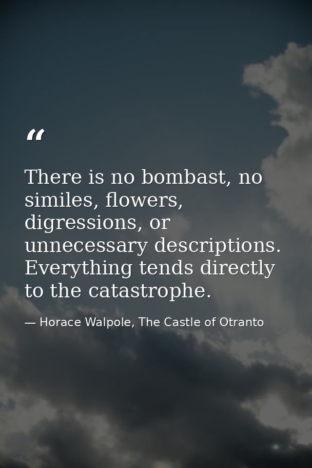 There is no bombast, no similes, flowers, digressions, or unnecessary descriptions. Everything tends directly to the cat — Horace Walpole, The Castle of Otranto