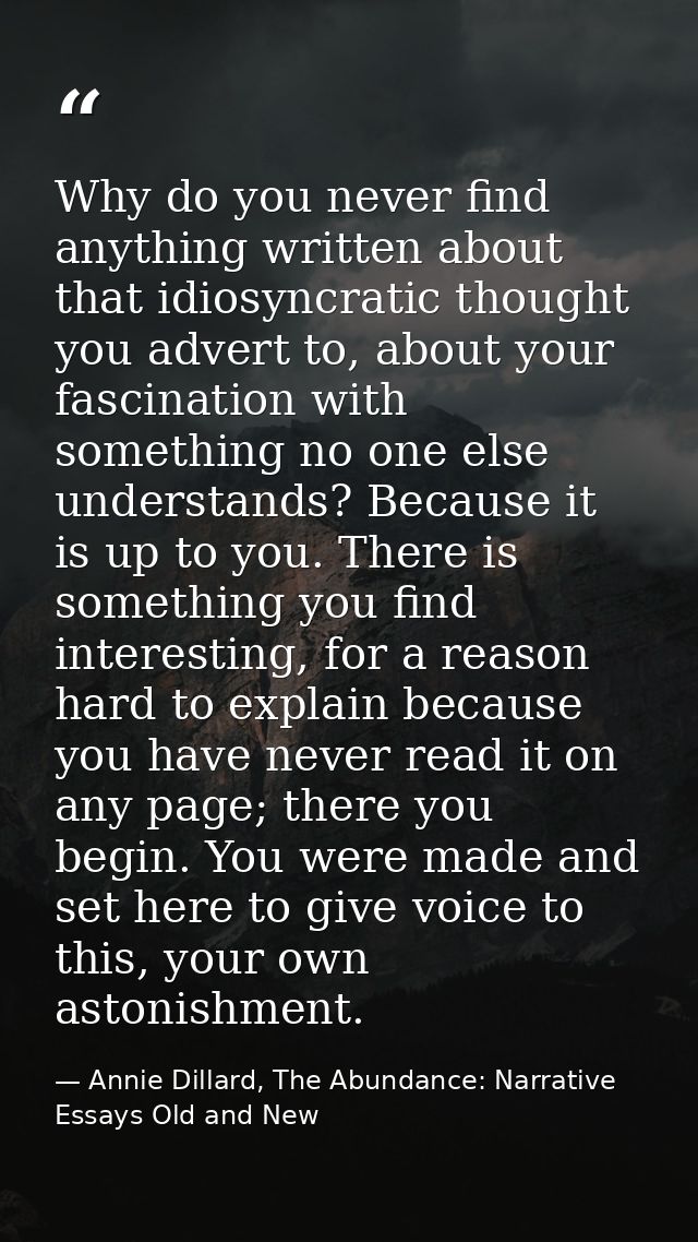 Why do you never find anything written about that idiosyncratic thought you advert to, about your fascination with somet — Annie Dillard, The Abundance: Narrative Essays Old and New
