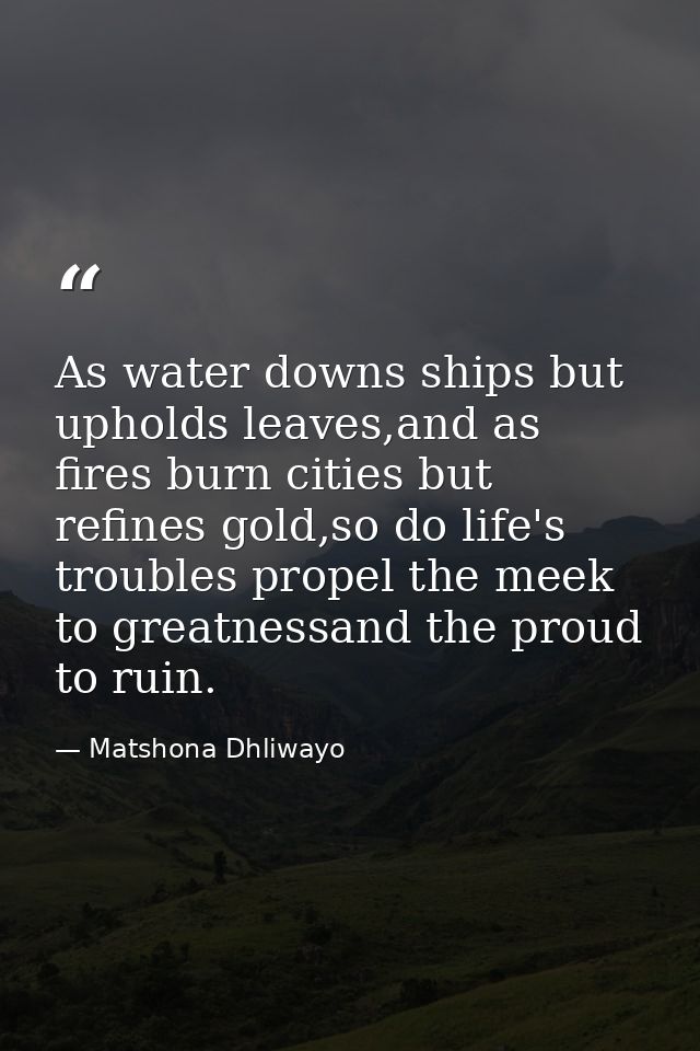 As water downs ships but upholds leaves,and as fires burn cities but refines gold,so do life's troubles propel the meek  — Matshona Dhliwayo