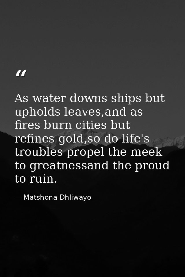 As water downs ships but upholds leaves,and as fires burn cities but refines gold,so do life's troubles propel the meek  — Matshona Dhliwayo