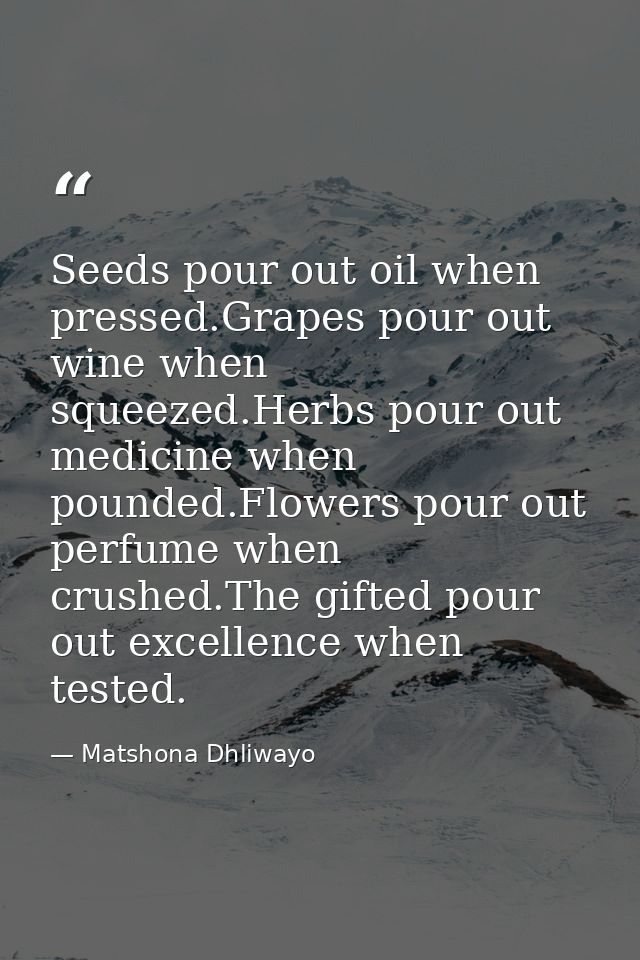 Seeds pour out oil when pressed.Grapes pour out wine when squeezed.Herbs pour out medicine when pounded.Flowers pour out — Matshona Dhliwayo