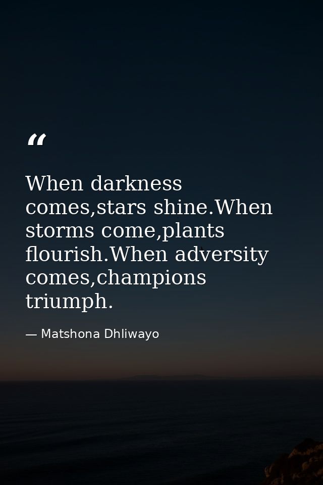 When darkness comes,stars shine.When storms come,plants flourish.When adversity comes,champions triumph. — Matshona Dhliwayo