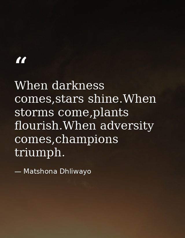 When darkness comes,stars shine.When storms come,plants flourish.When adversity comes,champions triumph. — Matshona Dhliwayo