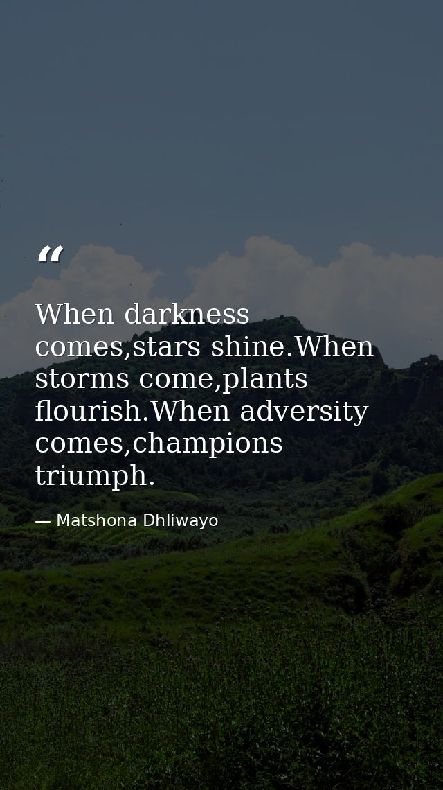 When darkness comes,stars shine.When storms come,plants flourish.When adversity comes,champions triumph. — Matshona Dhliwayo