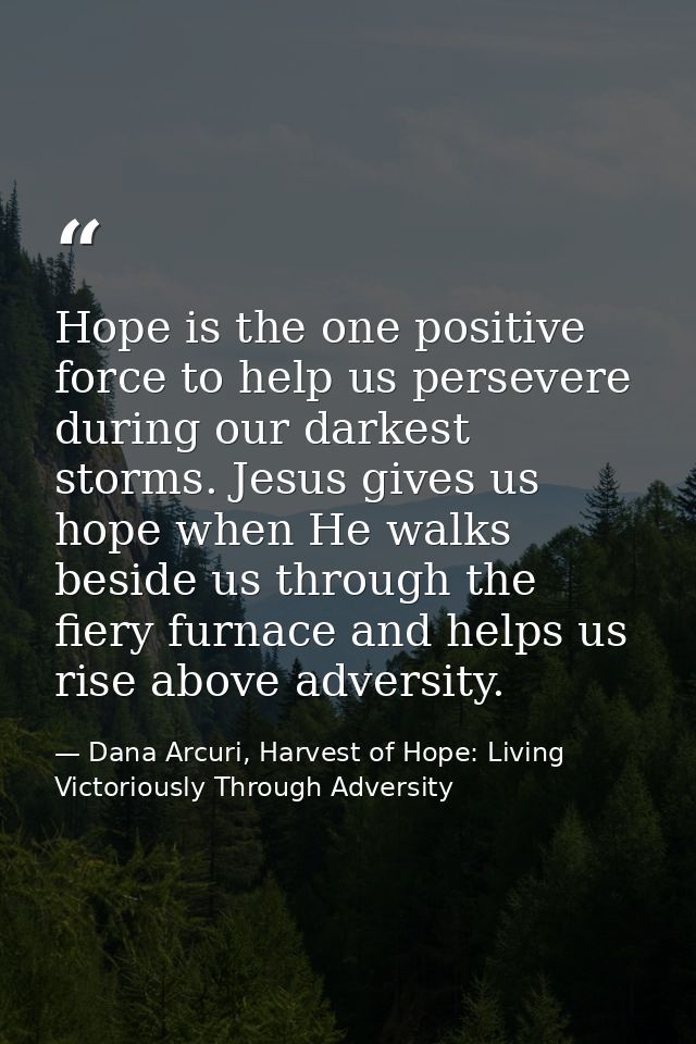 Hope is the one positive force to help us persevere during our darkest storms. Jesus gives us hope when He walks beside  — Dana Arcuri, Harvest of Hope: Living Victoriously Through Adversity
