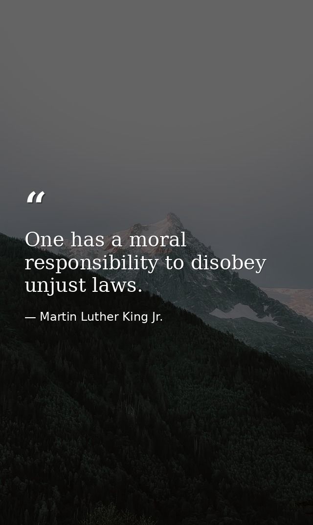 One has a moral responsibility to disobey unjust laws. — Martin Luther King Jr.