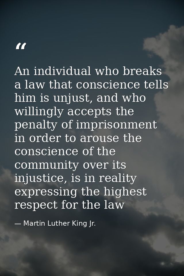 An individual who breaks a law that conscience tells him is unjust, and who willingly accepts the penalty of imprisonmen — Martin Luther King Jr.