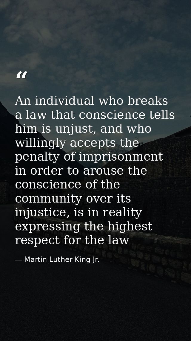 An individual who breaks a law that conscience tells him is unjust, and who willingly accepts the penalty of imprisonmen — Martin Luther King Jr.