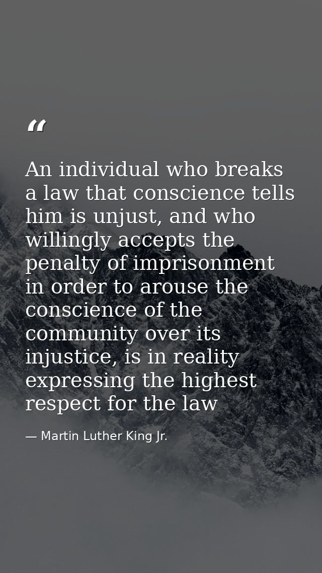 An individual who breaks a law that conscience tells him is unjust, and who willingly accepts the penalty of imprisonmen — Martin Luther King Jr.