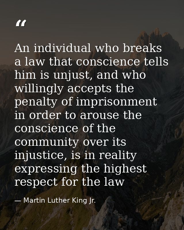 An individual who breaks a law that conscience tells him is unjust, and who willingly accepts the penalty of imprisonmen — Martin Luther King Jr.