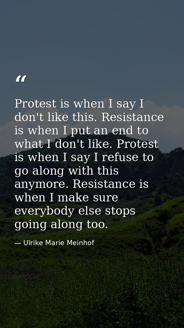 Protest is when I say I don't like this. Resistance is when I put an end to what I don't like. Protest is when I say I r — Ulrike Marie Meinhof