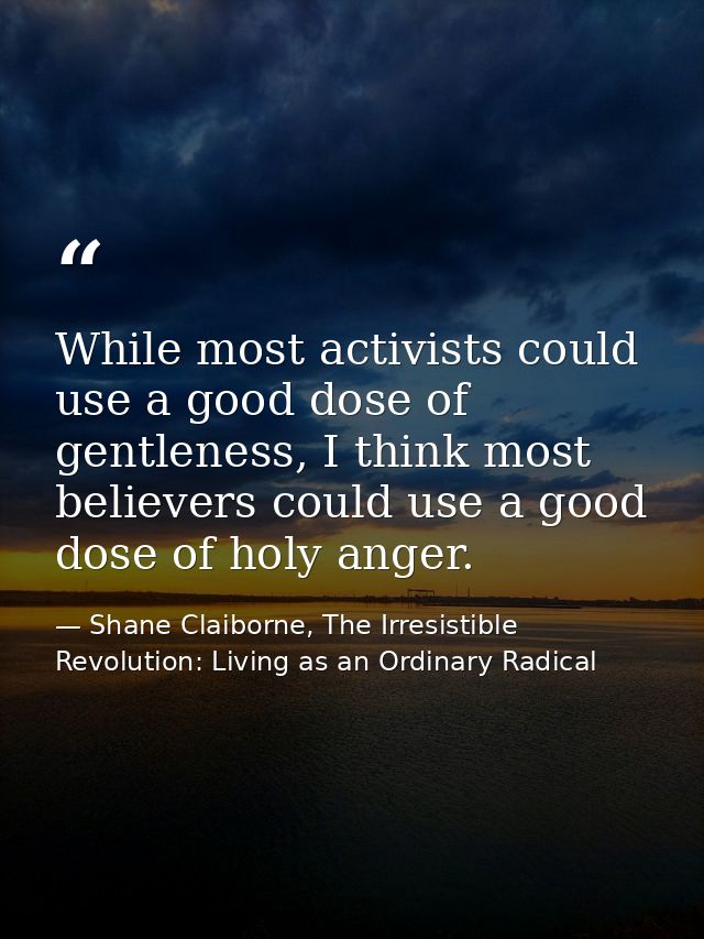 While most activists could use a good dose of gentleness, I think most believers could use a good dose of holy anger. — Shane Claiborne, The Irresistible Revolution: Living as an Ordinary Radical