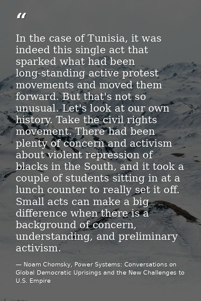 In the case of Tunisia, it was indeed this single act that sparked what had been long-standing active protest movements  — Noam Chomsky, Power Systems: Conversations on Global Democratic Uprisings and the New Challenges to U.S. Empire
