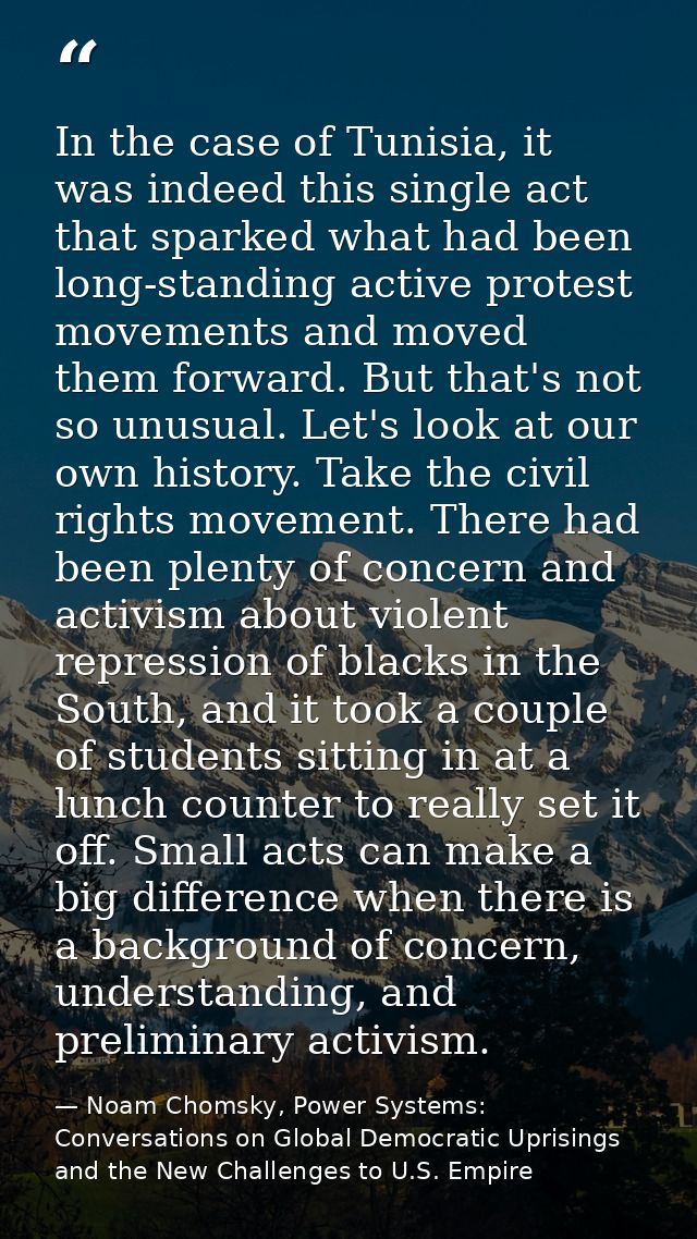 In the case of Tunisia, it was indeed this single act that sparked what had been long-standing active protest movements  — Noam Chomsky, Power Systems: Conversations on Global Democratic Uprisings and the New Challenges to U.S. Empire