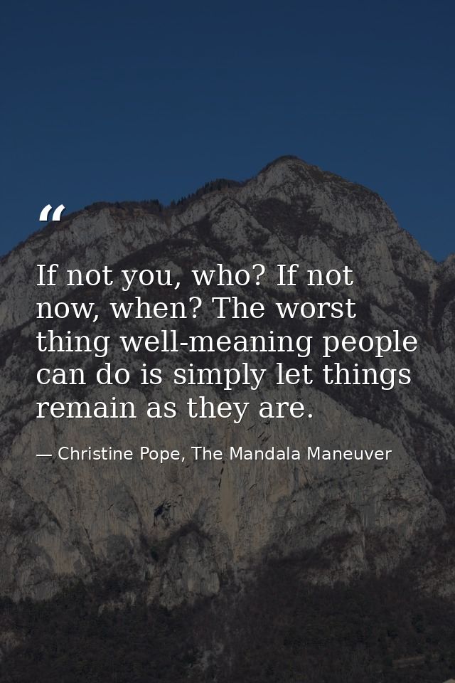If not you, who? If not now, when? The worst thing well-meaning people can do is simply let things remain as they are. — Christine Pope, The Mandala Maneuver