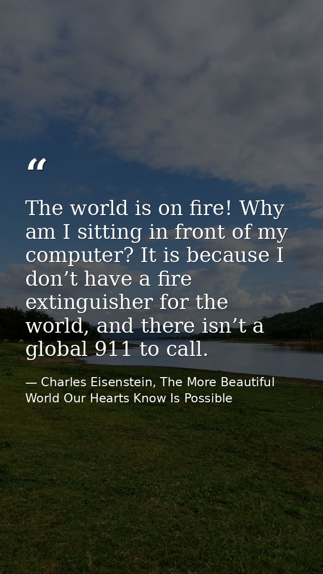 The world is on fire! Why am I sitting in front of my computer? It is because I don’t have a fire extinguisher for the w — Charles Eisenstein, The More Beautiful World Our Hearts Know Is Possible