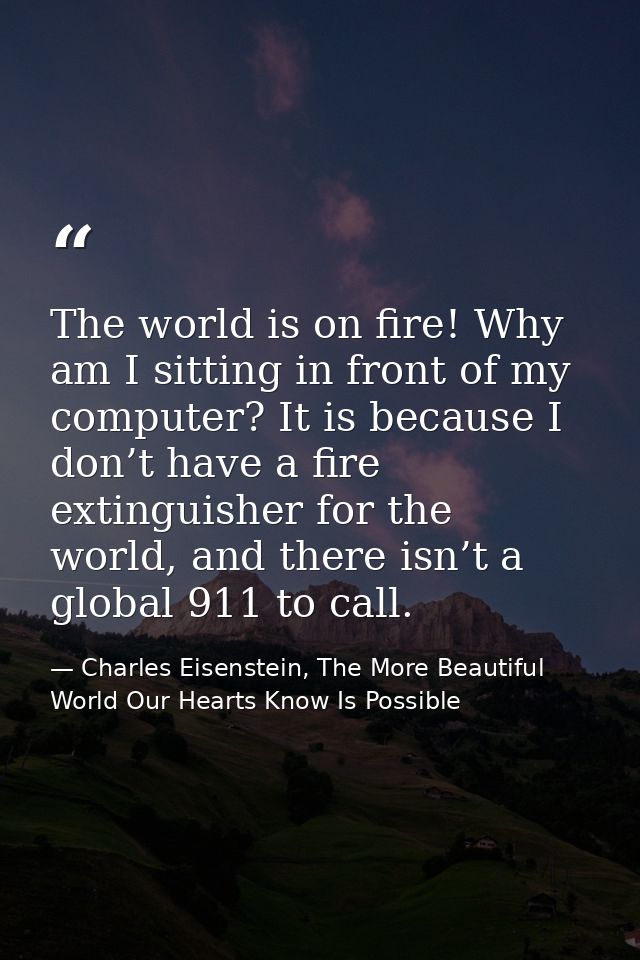 The world is on fire! Why am I sitting in front of my computer? It is because I don’t have a fire extinguisher for the w — Charles Eisenstein, The More Beautiful World Our Hearts Know Is Possible