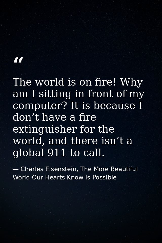 The world is on fire! Why am I sitting in front of my computer? It is because I don’t have a fire extinguisher for the w — Charles Eisenstein, The More Beautiful World Our Hearts Know Is Possible
