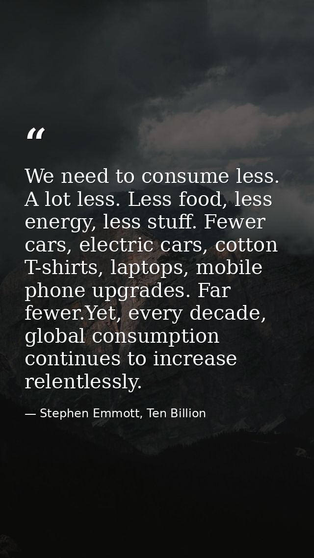 We need to consume less. A lot less. Less food, less energy, less stuff. Fewer cars, electric cars, cotton T-shirts, lap — Stephen Emmott, Ten Billion