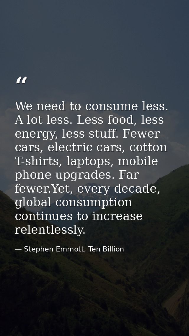 We need to consume less. A lot less. Less food, less energy, less stuff. Fewer cars, electric cars, cotton T-shirts, lap — Stephen Emmott, Ten Billion