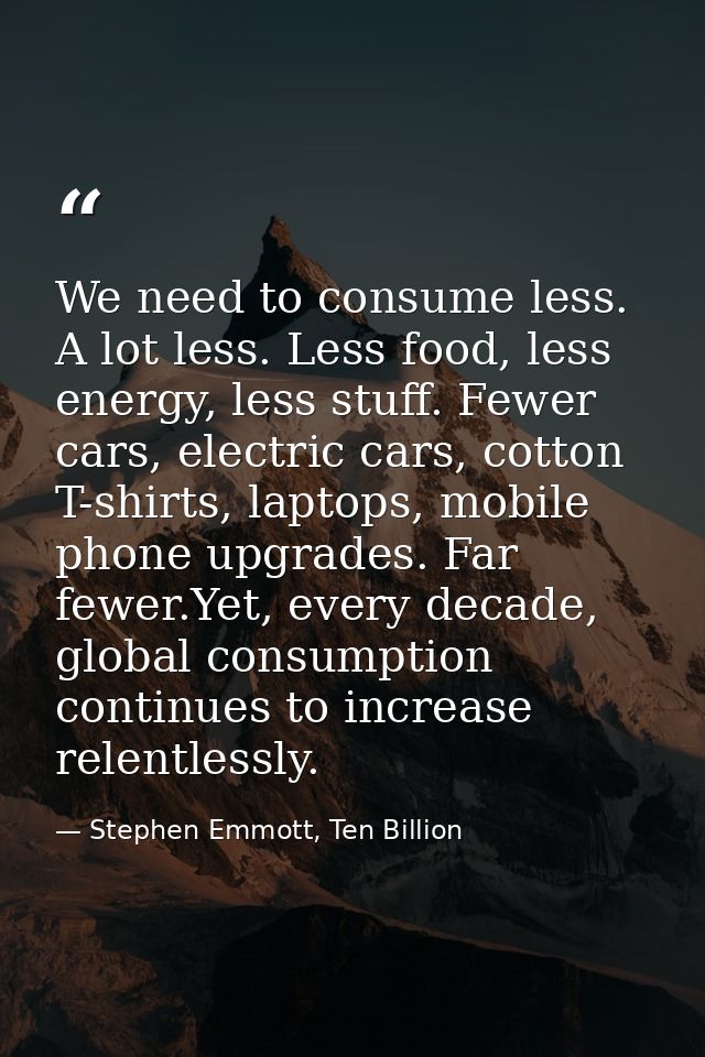 We need to consume less. A lot less. Less food, less energy, less stuff. Fewer cars, electric cars, cotton T-shirts, lap — Stephen Emmott, Ten Billion