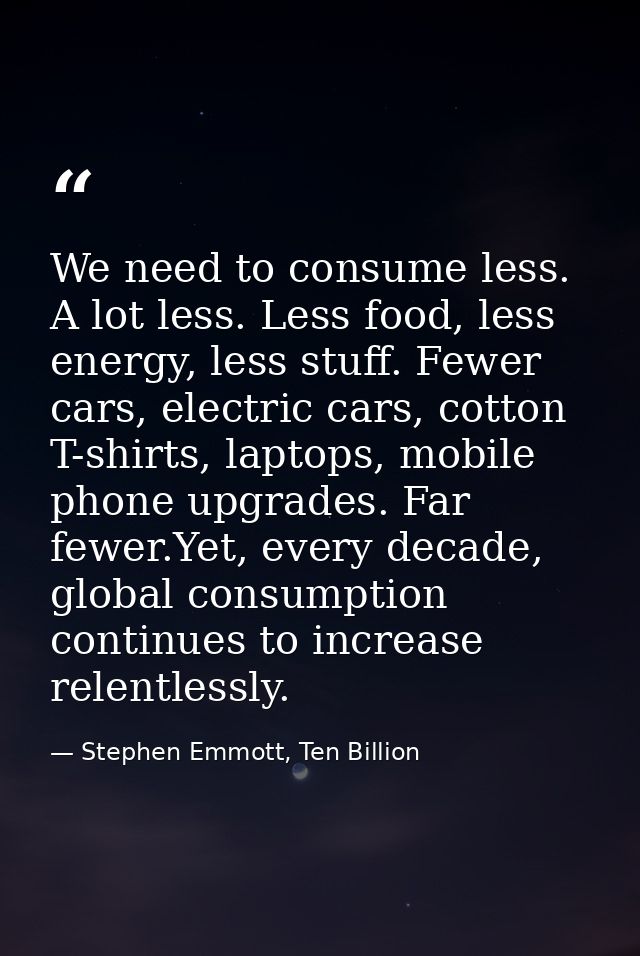 We need to consume less. A lot less. Less food, less energy, less stuff. Fewer cars, electric cars, cotton T-shirts, lap — Stephen Emmott, Ten Billion
