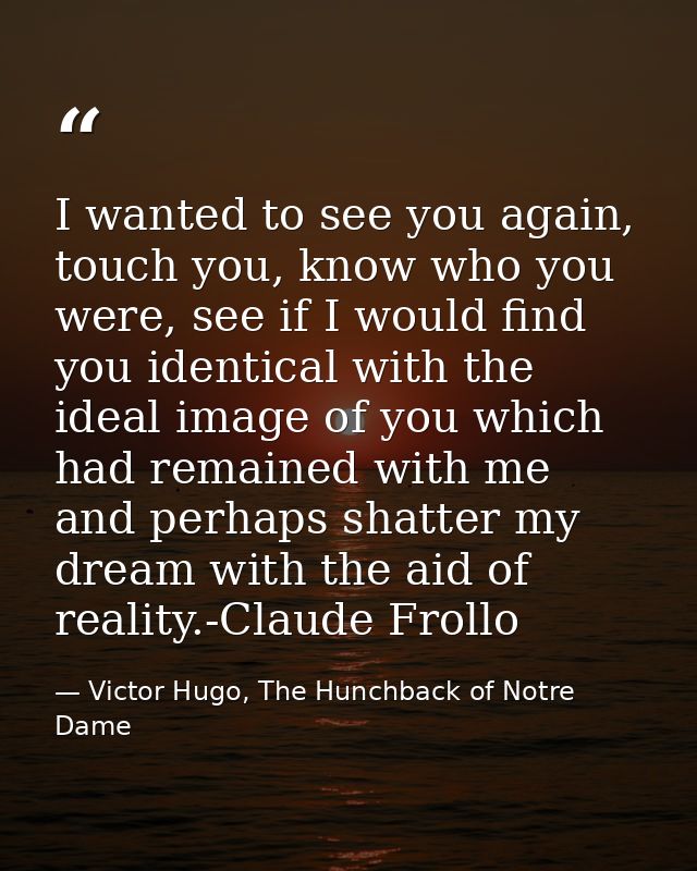 I wanted to see you again, touch you, know who you were, see if I would find you identical with the ideal image of you w — Victor Hugo, The Hunchback of Notre Dame