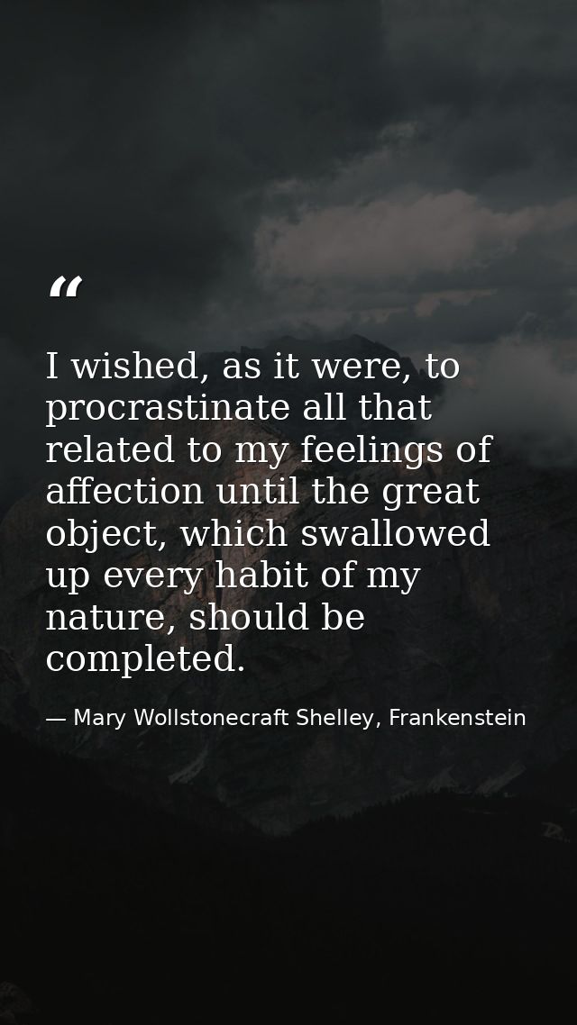 I wished, as it were, to procrastinate all that related to my feelings of affection until the great object, which swallo — Mary Wollstonecraft Shelley, Frankenstein