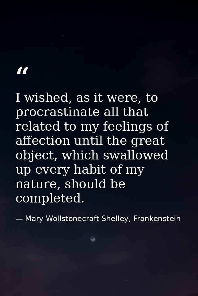 I wished, as it were, to procrastinate all that related to my feelings of affection until the great object, which swallo — Mary Wollstonecraft Shelley, Frankenstein