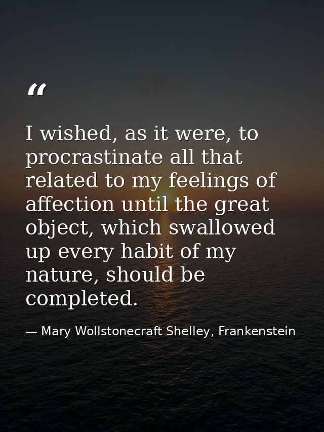 I wished, as it were, to procrastinate all that related to my feelings of affection until the great object, which swallo — Mary Wollstonecraft Shelley, Frankenstein