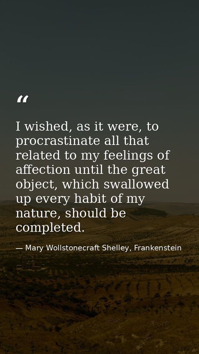 I wished, as it were, to procrastinate all that related to my feelings of affection until the great object, which swallo — Mary Wollstonecraft Shelley, Frankenstein