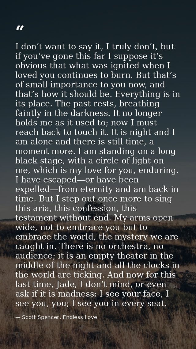 I don’t want to say it, I truly don’t, but if you’ve gone this far I suppose it’s obvious that what was ignited when I l — Scott Spencer, Endless Love