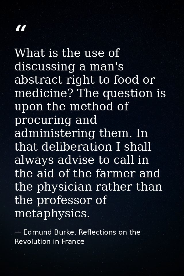 What is the use of discussing a man's abstract right to food or medicine? The question is upon the method of procuring a — Edmund Burke, Reflections on the Revolution in France