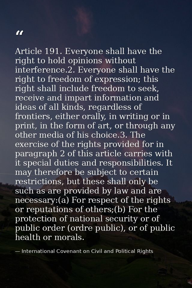 Article 191. Everyone shall have the right to hold opinions without interference.2. Everyone shall have the right to fre — International Covenant on Civil and Political Rights